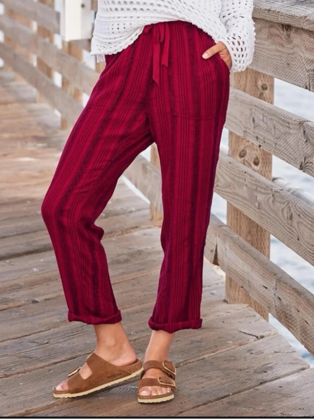 Sundance Size Large Red Black Boho Striped Textured Loose Tapered Shobu Pants